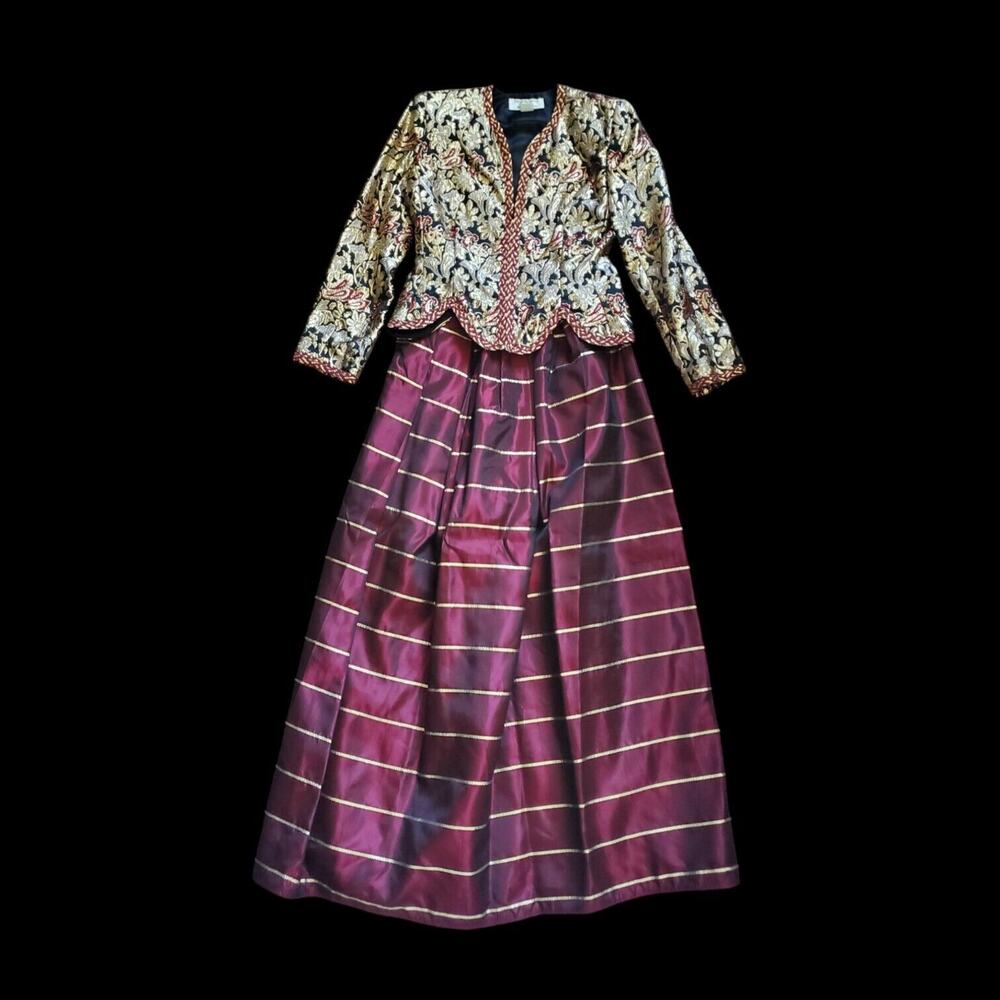 Victor Costa Brocade Metallic Gold Ornate Vintage Taffeta Evening Set, Size XS